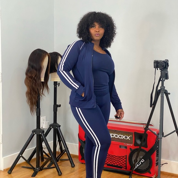 Navy Blue with white Stripes Athleisure 3 pc set - Picture 2 of 4